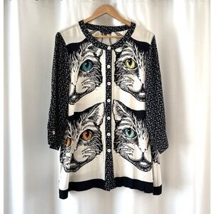 John Mark Womens Blouse Tunic M Black White Cats Graphic Button Up Grannycore